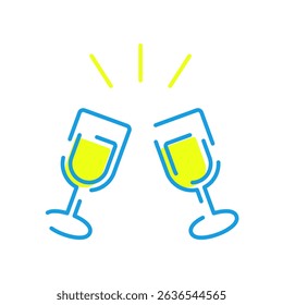 Vector icon illustration of a toast with champagne glasses. Colors are yellow and blue.