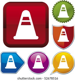 Vector icon illustration of traffic cone over diverse buttons. Only global colors. CMYK. Easy color and proportions changes.