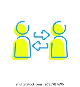 Vector icon illustration of two people with a bidirectional arrow between them. Colors: blue and yellow.
