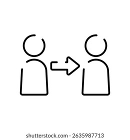 Vector icon illustration of two people with an arrow pointing right between them. Color is black.