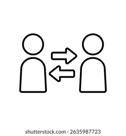 Vector icon illustration of two people with a bidirectional arrow between them. Color is black.