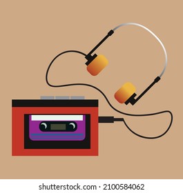 Vector icon, illustration of vintage 1980's audio cassette player with headphones. Retrowave sticker