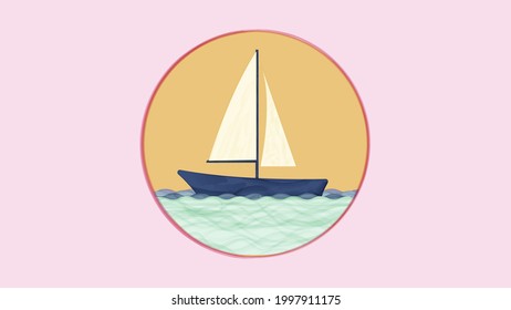 Vector icon illustration in watercolor style boat sailboat. Blue sailboat with white sails on blue waters icon for highlights social networks button for stories for website decoration.