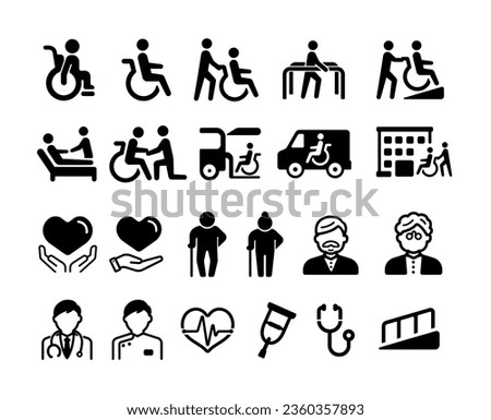 Vector icon illustrations set related to welfare for the elderly, people with disabilities etc.