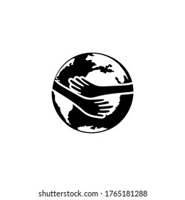 Vector icon. Image of arms hugging the earth. Care of the earth. Line icon