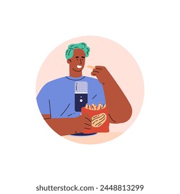 A vector icon with an image of an ASMR blogger in a flat vector style creating touch content. An illustration of a guy with a microphone eating french fries in a rustling package.