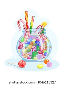 Vector Icon With Image Caramel, Marshmallow, Lollipop, Candy In Glass Jar On Blue Background. Candy Store. Treat For Children And Adults.