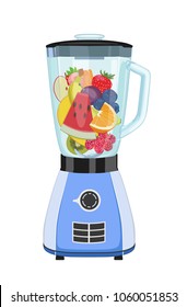 Vector icon with the image of an electric blue blender inside which the cut fruit. Kitchen chopper and mixer.