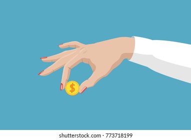 Vector icon with the image of female hand holding a gold coin on a blue background.