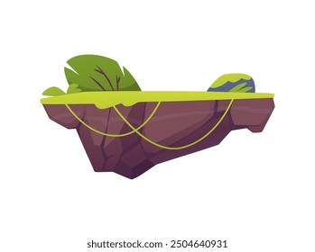 Vector icon with an image of an island with floating rocks and green grass and a bush on a flying platform on a white background, suitable for playing a level