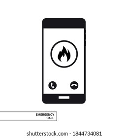 Vector icon. Image of a mobile phone with a call to the fire department. Emergency image.