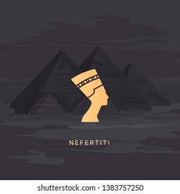 A vector icon image of the queen of Egypt Nefertiti profile isolated on a background of the Egyptian pyramids.