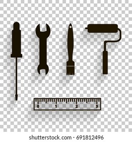 Vector icon image of a set for repair, for work. Brush, ruler, screwdriver, spanner, molar roller,Paint roller