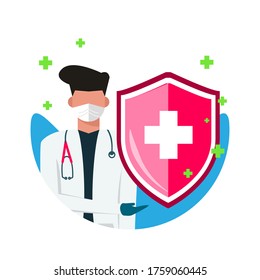 Vector icon of the immune system. A doctor with protecting shield. Protection of health from bacterial and viruses. Prevention of human germs medically.