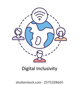 Vector icon for Inclusive Technology Access. Depicts a globe and people symbolizing equitable access to digital resources.