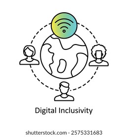 Vector icon for Inclusive Technology Access. Depicts a globe and people symbolizing equitable access to digital resources.