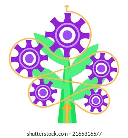 Vector icon of the increase efficiency of services. Cute cartoon colored clipart of the gears in the form of flowers on a tree isolated on transparent background