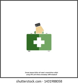 Vector icon indicates the presence of first-aid. Doctor. First Aid Kit  with hand. Vector icon illustration on white isolated background.