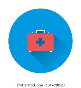 Vector icon indicates the presence of first-aid. Doctor. First Aid Kit. Vector icon illustration on blue background. Flat image with long shadow.