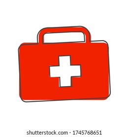 Icono de vector indica la presencia de primeros auxilios. Doctor. Estilo de caricatura de First Aid Kit sobre fondo blanco aislado.