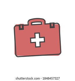 Icono de vector indica la presencia de primeros auxilios. Doctor. Estilo de caricatura de First Aid Kit sobre fondo blanco aislado.