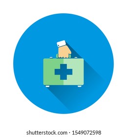 Vector icon indicates the presence with hand of first-aid. Doctor. First Aid Kit. Vector icon illustration on blue background. Flat image with long shadow.