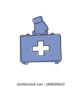Vector icon indicates the presence with hand of first-aid. Doctor. First Aid Kit. cartoon style on white isolated background.