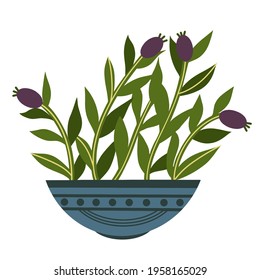 Vector icon of indoor flower in a pot. Cute green plant with berries in a purple pot. Isolated botanical object on a white background. Flat cartoon style