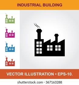 Vector Icon Of Industrial Building With Title & Small Multicolored Icons. Eps-10.