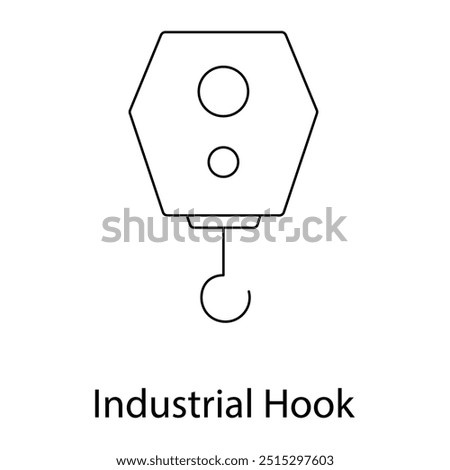 Vector icon for industrial hook. Outline drawing of a heavy-duty industrial hook, ideal for warehousing, material handling, and construction concepts.