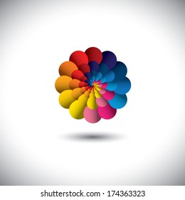 vector icon of infinite spiral of colorful flower petals . This graphic illustration represents an abstract floral bloom in spectrum of colors like orange, red, yellow, green, blue, purple, pink