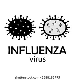 Vector icon of Influenza virus types A, B, C, D icons isolated on white background. Illustration of abstract model of Flu or grippe virus cell. Quarantine concept, flu outbreak. 