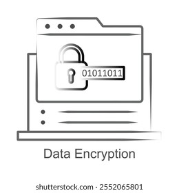 Vector icon for information encryption. Highlights a shield and binary elements to illustrate data encoding.
