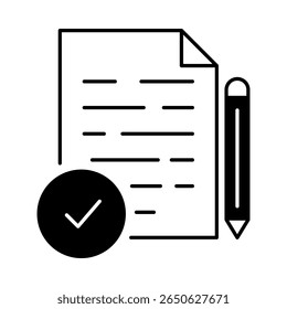 Vector icon of Informed Consent – Document with Checkmark Representing User Approval for AI Data Use. Black Outline. Vector illustration.