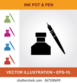 Vector Icon Of Ink Pot & Pen With Title & Small Multicolored Icons. Eps-10.