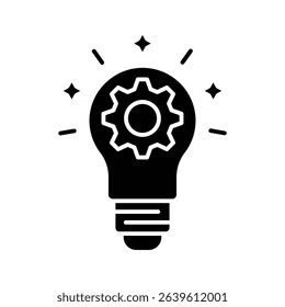 Vector icon of innovation showing a glowing lightbulb and gears, symbolizing creative ideas and innovation. Perfect for educational and development materials, etc. Solid style.