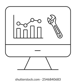 Ícone de vetor para Cuidados com Equipamento Inteligente. Gráfico de chave inglesa e analítica para insights preditivos.