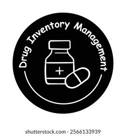 Vector icon for inventory tracking in pharmacy. Illustrated bottle and pill icon for medication storage and supply chain optimization.