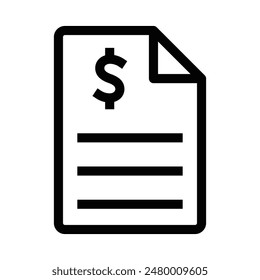Vector icon of an invoice document with a dollar sign, representing billing, payment, and financial records. Simple black and white design. Editable stroke.