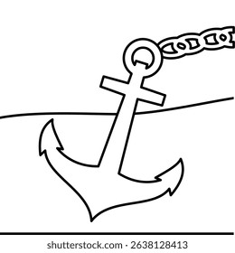 Vector Icon Iron anchor dropping into sea water,
splashing with bubbles on impact,
line art style