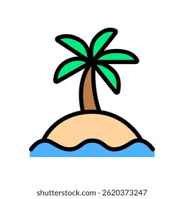 Vector icon of an island with a coconut tree in colored outline style, isolated on white. Suitable for tropical, vacation, beach, and summer-themed designs.