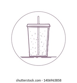Vector icon of isoda pop or sparkling water in a cup for take away. Line icon in circle.