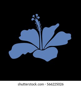 Vector icon with isolated hibiscus. Watercolor painting effect of single blue on black hibiscus flower.