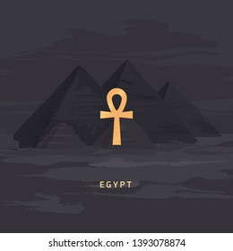 Vector icon isolated on hand-drawn vector background of Egypt pyramids Ankh or symbol of eternal life, Breath of life, Egyptian cross.