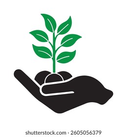 Vector icon isolated on a white background depicting a hand delicately holding a seedling planted in soil