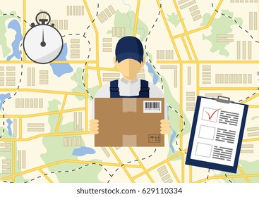 Vector icon, isometric man, delivery concept. Man and parcel, isolated design.