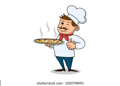 Vector icon of Italian chef in cap holding delicious pizza showing thumb up. Eps vector illustration, horizontal image, flat design