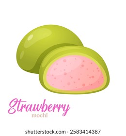 Vector icon of japanese dessert mochi with strawberry flavor isolated on white background.