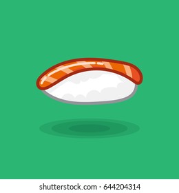 Vector icon japanese fresh sushi rice with salmon isolated. Illustration traditional japanese food. Image japanese cuisine sushi rice and salmon on green background