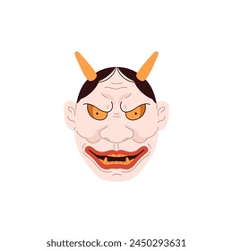 A vector icon of a Japanese Kabuki mask on a white background. A traditional image with a drawing of a demon with yellow horns and huge fangs for decorations and theatrical motifs